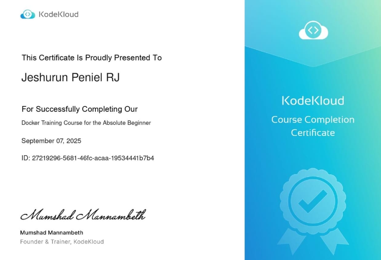 Docker for the Absolute Beginner certificate issued by KodeKloud