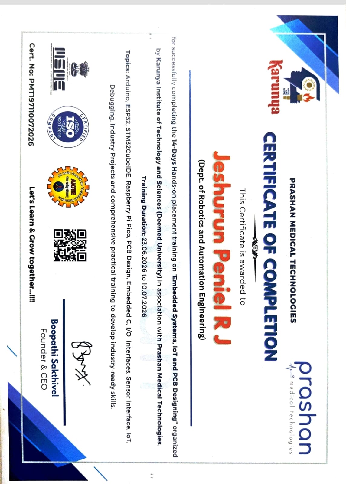 Embedded Systems, IoT & PCB Designing certificate issued by Prashan Medical Technologies