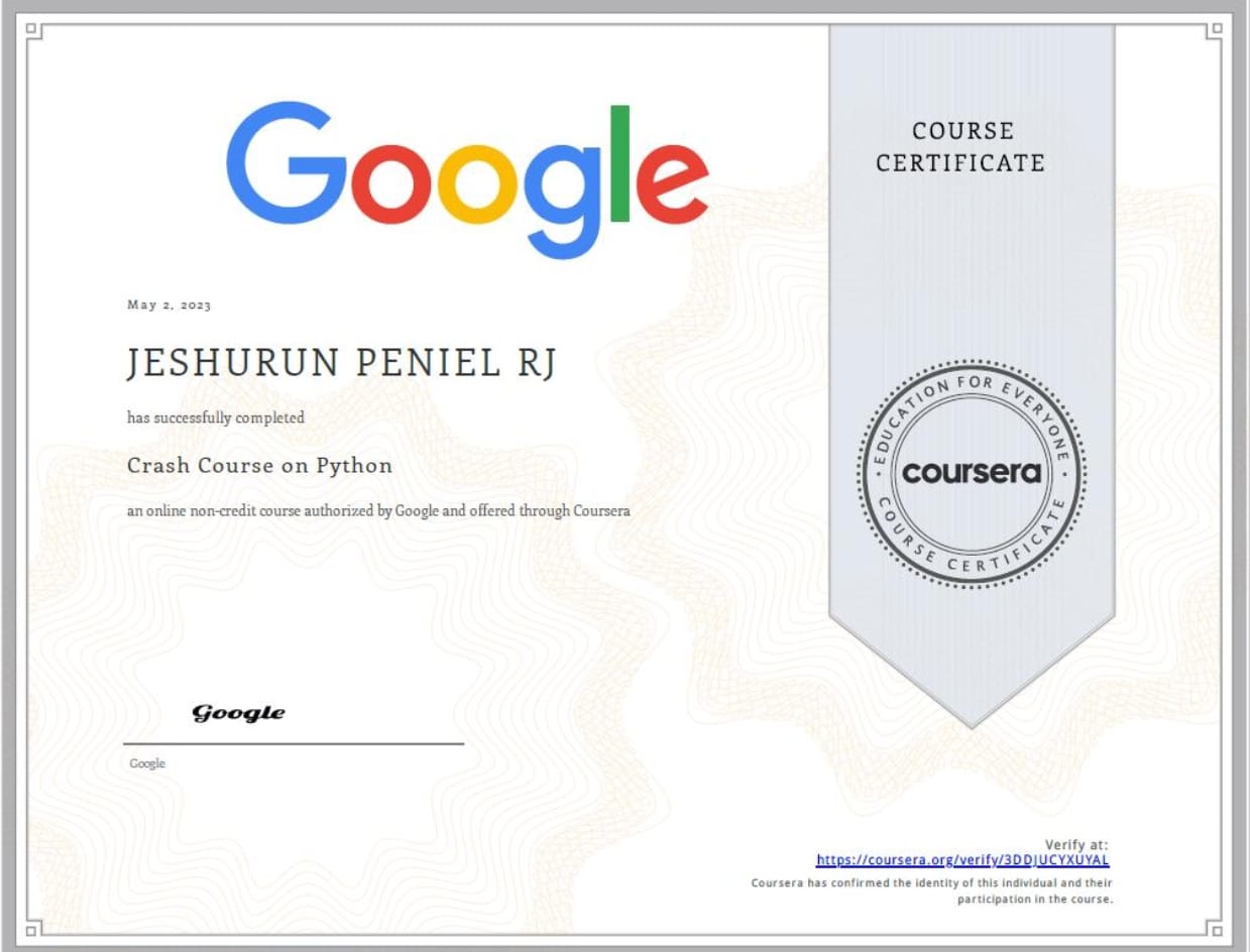 Crash Course on Python certificate issued by Google (Coursera)