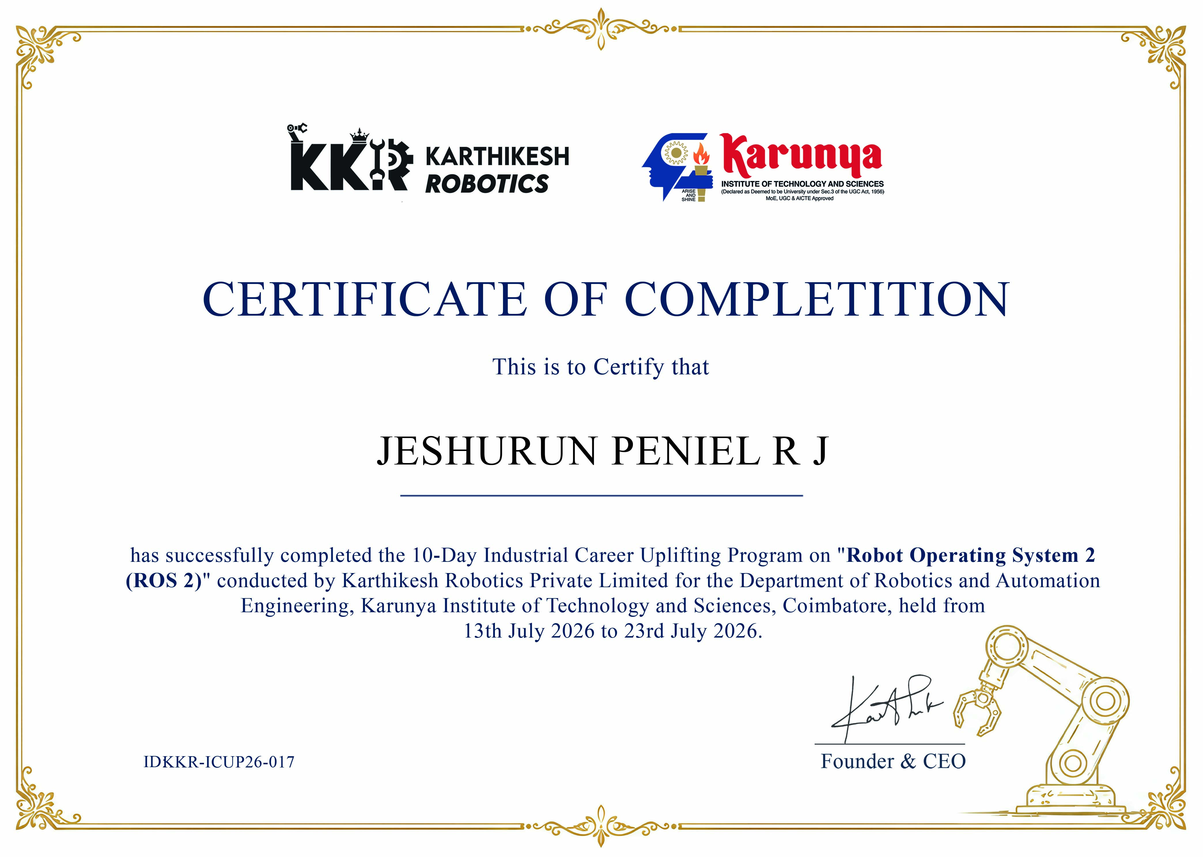 ROS 2 Industrial Career Uplifting Program certificate issued by Karthikesh Robotics