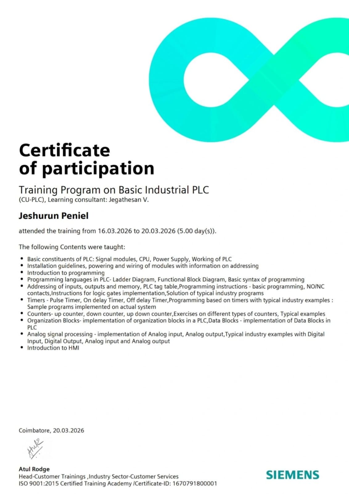 Basic Industrial PLC certificate issued by Siemens SITRAIN